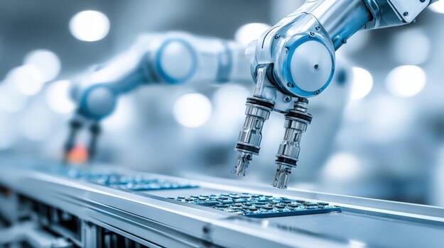 Robotic Arm Precision Placement on Assembly Line for Automated Manufacturing and Industrial Production photo