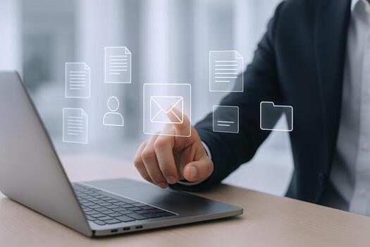 Businessman Managing Digital Documents on Laptop with Hologram Interface for Efficient Workflow photo