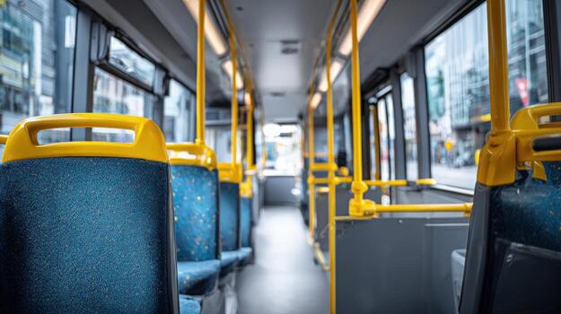 Interior of an Empty City Bus with Blue Seats and Yellow Handrails during Daytime photo
