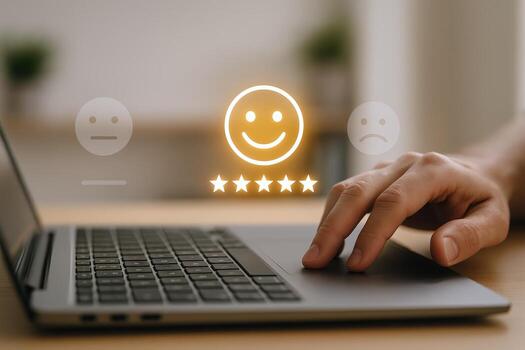 Customer feedback experience evaluation with a person using laptop to rate a service online photo