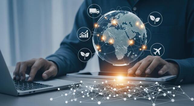 Global Business Technology Connecting Worldwide with Modern Devices and Innovative Digital Solutions photo