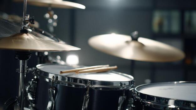 Close-up of Drum Kit with Sticks Ready for Performance in Music Studio photo