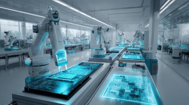 Automated Production Line Robotic Arms Assembling Electronic Components in a Modern Factory Setting with Technological Integration photo