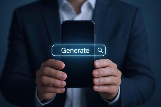 Person Holding Smartphone Showing Search Bar with Word Generate for Technology Concept photo