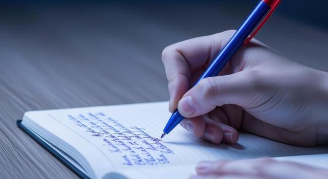 Close-up of Hand Writing in Notebook with Blue Pen, Journaling and Note-Taking Concept photo