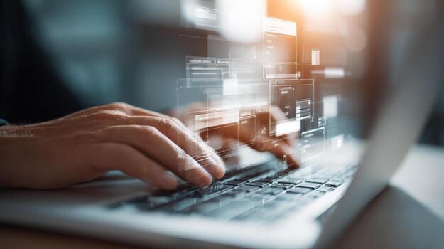 Hands Typing on Laptop with Digital Interface Overlay for Data Analysis and Software Development photo