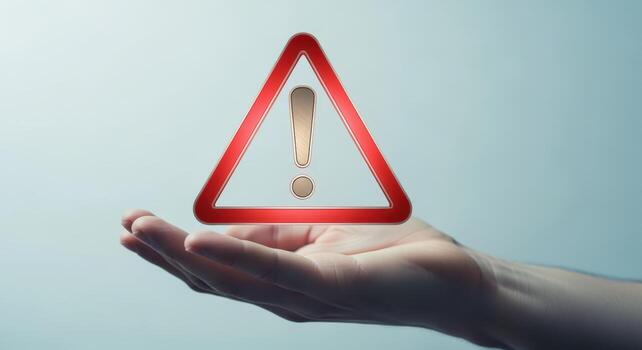 Alertness concept, a hand holding a red triangle with exclamation mark, symbol of danger photo
