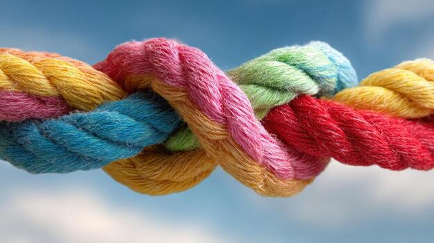 Vibrant multicolored rope intertwined against a blue sky, symbolizing connection, unity, strength and teamwork in close-up photo