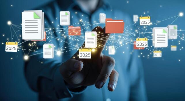 Digital data management with virtual documents and calendar integration, depicting organization and scheduling by a business professional photo
