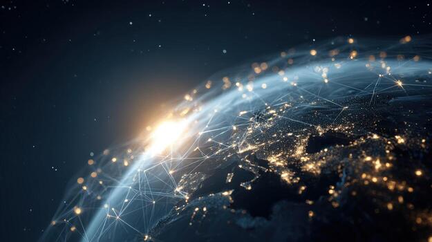 Global Network Visualization Interconnected World Represented by Digital Connections and City Lights on Earth photo