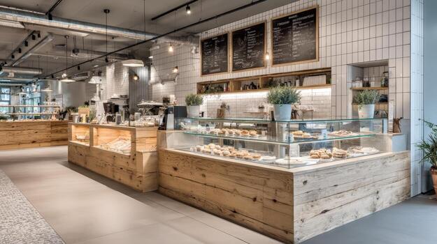 Bright Modern Bakery Interior with Display Cases, Menu Boards and a Clean, Inviting Atmosphere photo