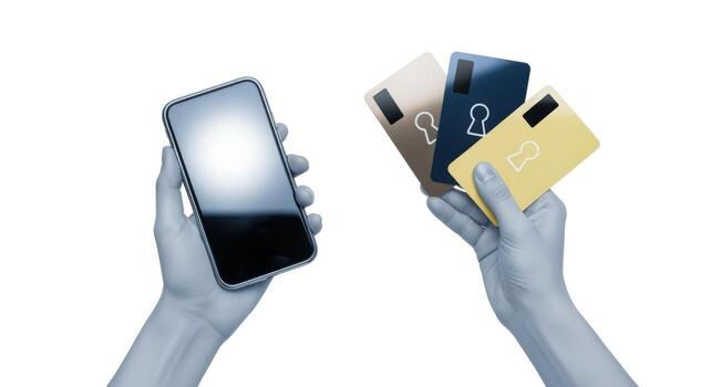 Hands Holding Smartphone and Keycards, Digital Security Concept, Modern Access Control, Isolated on White photo