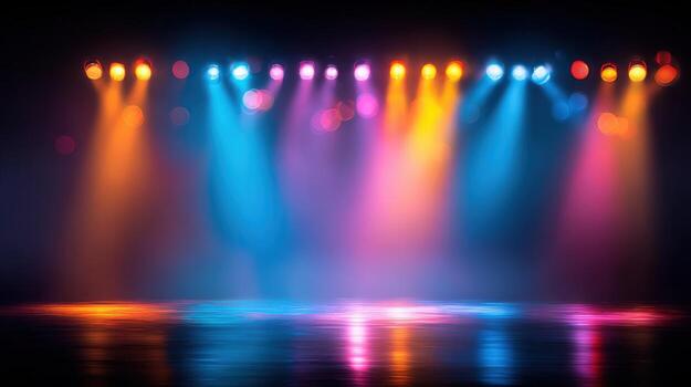 Stage Lighting with Colorful Spotlights Illuminating Empty Platform, Perfect for Concerts, Performances and Presentations photo