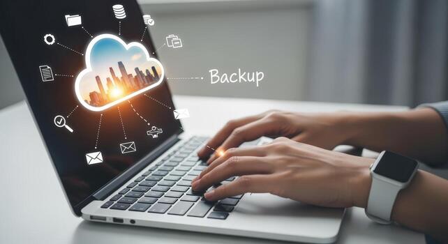 Cloud Backup Technology Concept Person Using Laptop to Secure Data Through Cloud Services photo