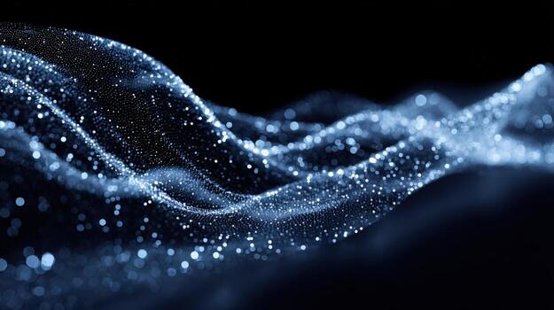 Abstract Digital Waveform with Glowing Particles Flowing in a Smooth Curved Motion on Black Background photo