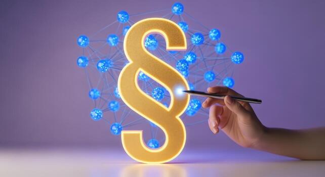 Golden Paragraph Symbol with Glowing Blue Network Points and Hand Pointing with Pen photo