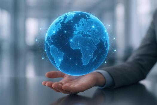 Holographic Globe Floating Above Hand Illustrating Global Business, Technology, and Futuristic Connectivity in a Modern Setting photo
