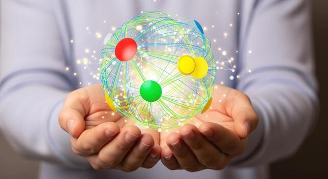 Global Network Visualization Person Holding Abstract Sphere Representing Connectivity and Modern Technology photo