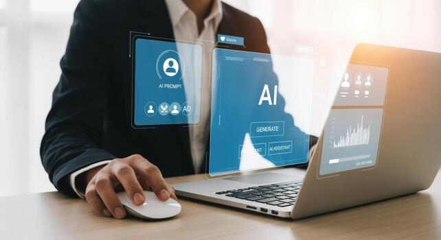 Professional using laptop with AI interface for data analysis and business insights in modern office photo