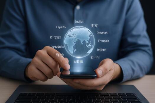 Global Communication and Translation Man Using Smartphone App for Multilingual Interpretation and International Connectivity photo