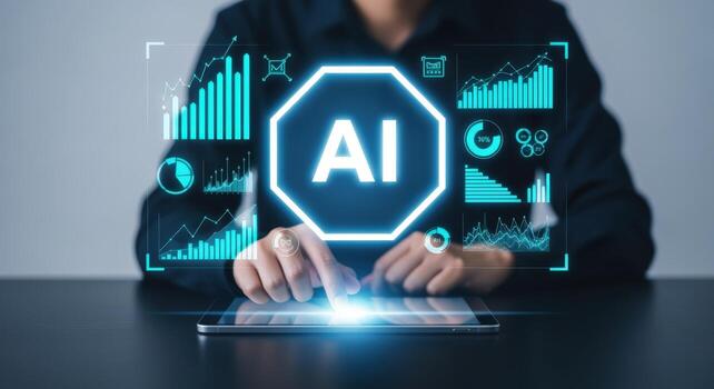 Artificial Intelligence Interface Woman Interacting with Futuristic Technology on Tablet, Featuring AI Data and Graphics photo