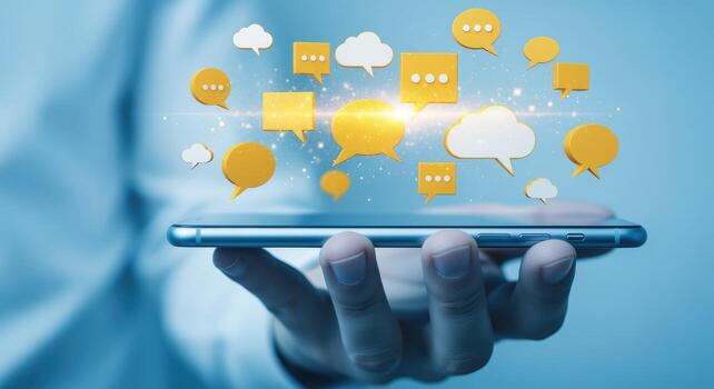 Hand Holding Smartphone Displaying Speech Bubbles Communication, Social Media, and Connection Concepts photo