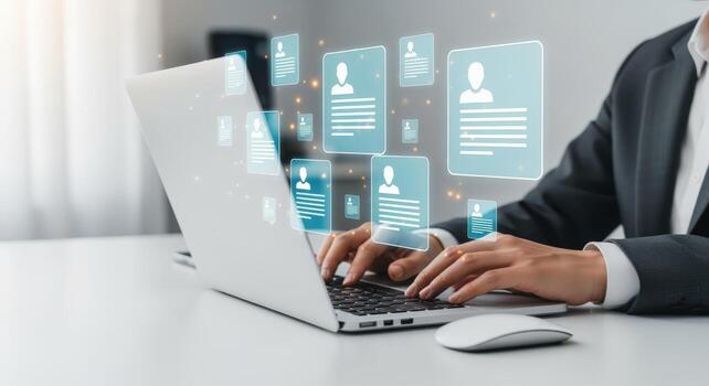 humano recursos profesional utilizando ordenador portátil para en línea reclutamiento y talento adquisición, empleado datos gestión, y virtual entrevistas foto