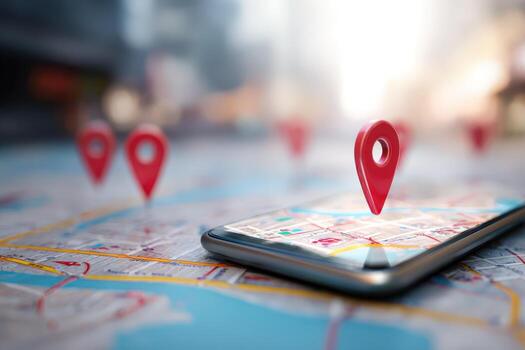 Navigation App on Smartphone with Location Markers, City Map Background Indicating GPS Technology photo