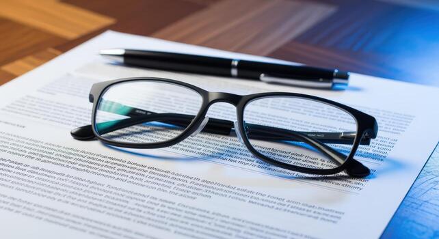 Close-up of Eyeglasses and Pen Resting on a Document, Symbolizing Review, Contracts, and Business photo