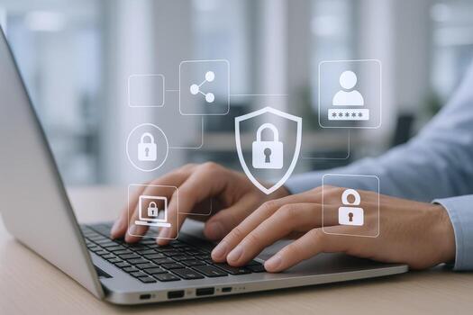 la seguridad cibernética proteccion hombre mecanografía en ordenador portátil con seguridad íconos superpuesto, representando datos proteccion y digital la seguridad foto