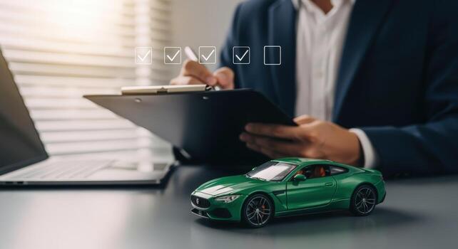 Car Insurance Checklist A Businessman Reviewing Coverage Options with a Green Car Model photo