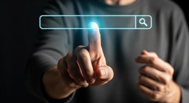 Man Taps Virtual Search Bar Online Search Concept for Information Retrieval and Web Navigation photo