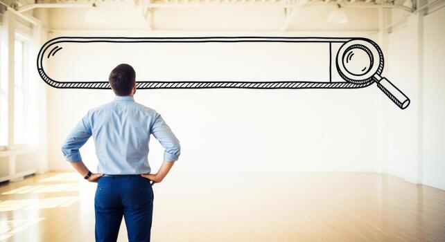 Man Facing Drawn Search Bar in Empty Room - Internet Search Concept Illustration photo