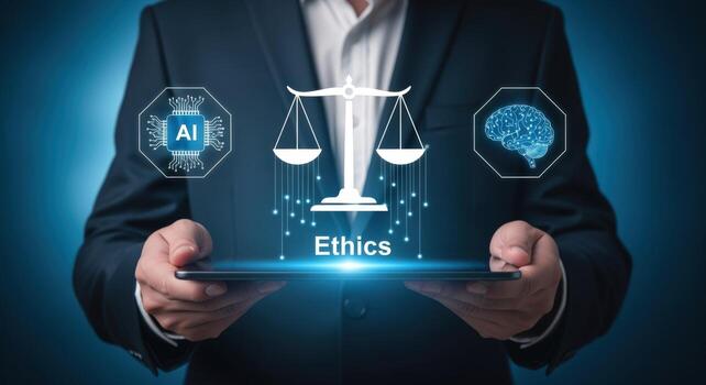 ético artificial inteligencia hombre sostiene tableta con ai cerebro, escamas de justicia, y ética gráfico foto