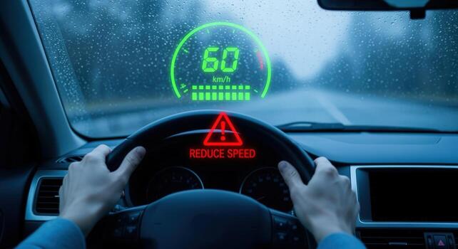 Car Windshield Display Showing Speed and Warning, Driver Holding Steering Wheel in Rainy Weather photo