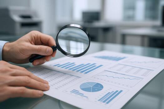 Analyzing Financial Data Magnifying Glass Focused on Business Reports and Charts for Strategic Insights photo