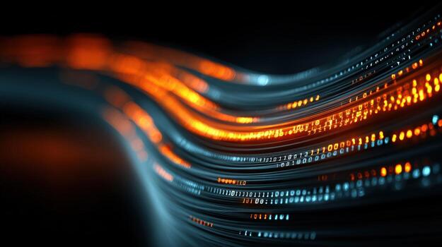 Abstract Data Stream Glowing Binary Code, Information Transfer, Futuristic Network Technology Concept, High-Speed Communication photo