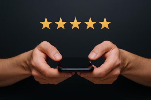 Customer feedback concept Man holds smartphone with five-star rating floating above for product review and satisfaction photo