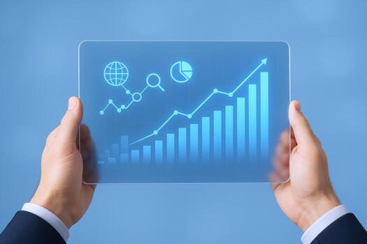 Hands Hold Digital Tablet Displaying Business Growth Graph and Chart on Blue Background photo