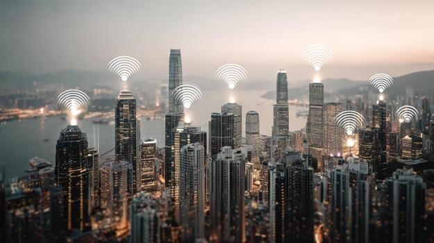 Modern Cityscape with Wireless Connectivity High-Rise Buildings and Digital Network Technology Overlay photo