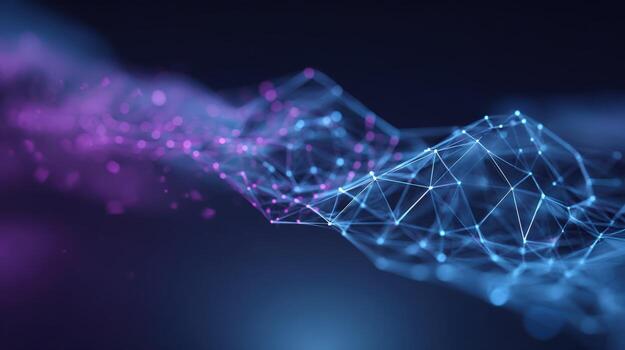 Abstract Network Connection Structure with Dots and Lines on Dark Blue and Purple Gradient Background photo