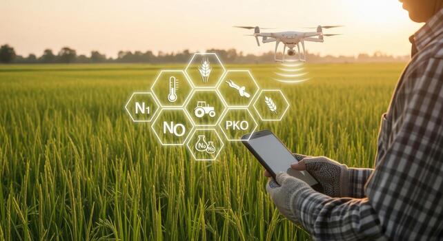 Precision Agriculture with Drone Technology Farmer Monitoring Rice Field Data via Tablet for Optimized Crop Management photo