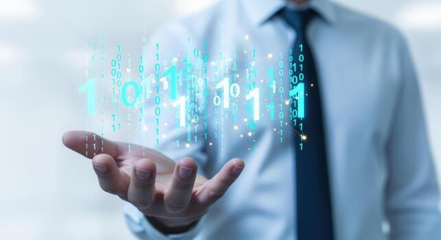 Man Holding Digital Binary Code Display Futuristic Technology Innovation and Data Stream Concept photo