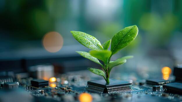 Green Technology Concept Sprout Growing from Computer Chip, Symbolizing Sustainable Tech and Innovation photo