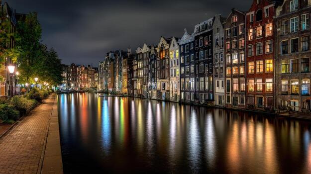 Nighttime Canal View of Amsterdams Illuminated Buildings Reflecting in the Waterway photo