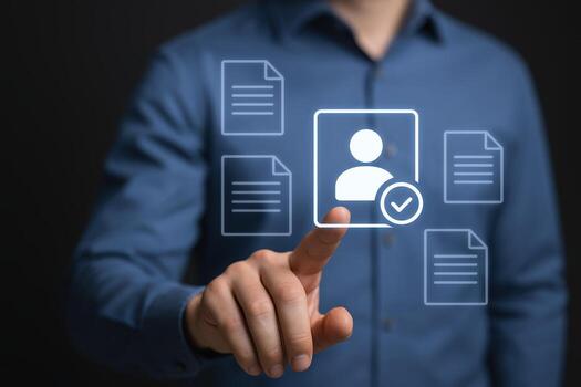 Human Resources Management Selecting Documents, Man Using Digital Interface To Choose Candidate From Various Application Files photo