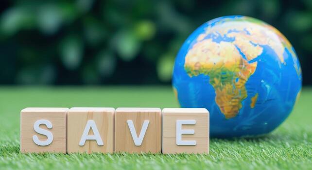 Save the Planet Environmental Awareness Concept with Globe and Wooden Blocks on Green Grass photo