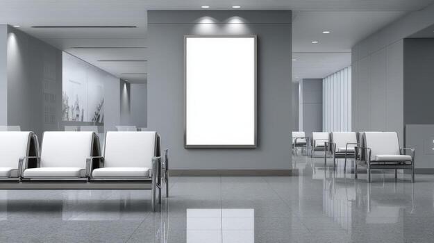 Modern Waiting Area with Blank Poster Frame Ideal for Mockups, Advertising, and Corporate Messaging photo