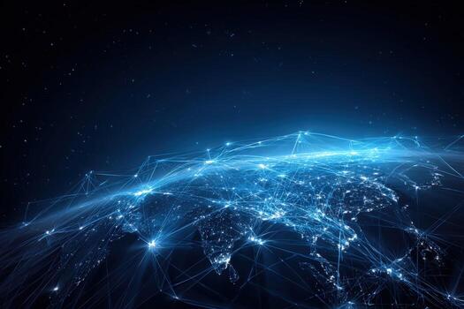 Global Network Connection Digital Communication, Data Transmission, and Worldwide Connectivity in a Dark Blue Tone photo