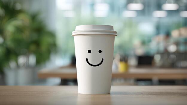 Smiling Coffee Cup on Wooden Table in Modern Office Setting, Representing Positivity and Productivity photo